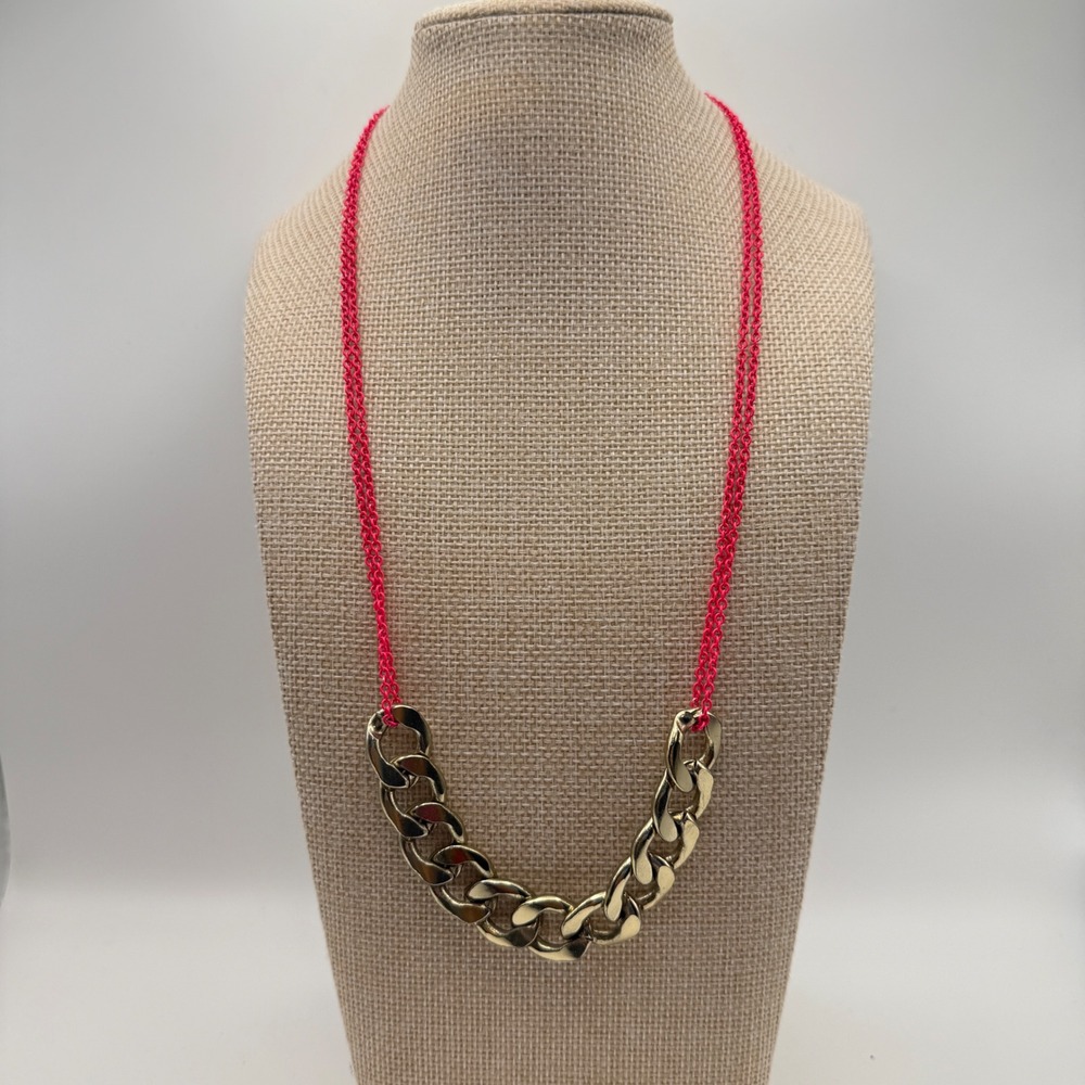 Neon‎ Chunky Gold Tone Chain and Hot Pink Link Statement Necklace Rave Kidcore